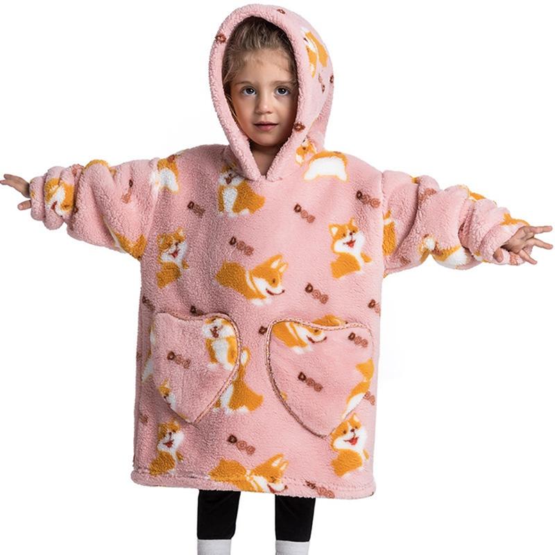 Kids Plush Hooded Pullover Loose Warm Coat Heart Shaped Pocket Cute Cartoon Printed