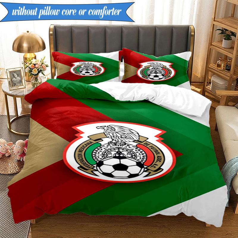 3PCS Mexico Football Team Emblem Printed Soft Bedding Set,Including 1pc Duvet Cover And 2pcs Pillowcases Perfect for Bedroom, Dormitory, Fan gift
