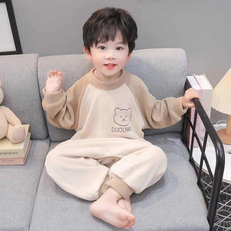 Thick Long Sleeve Toddler Pajamas With Footless Design Tencel Fabric Anti-Kick Sleepwear Boys Girls Winter Home Wear