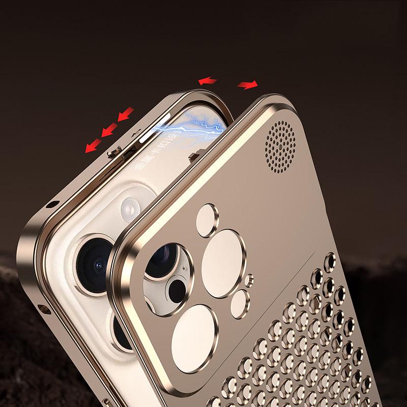 Роскошный чехол из алюминиевого сплава с полой сеткой для iPhone 16 Pro Max 15 Plus 14 Pro 13 12, рассеивающий тепло, ударопрочный, тонкий чехол для телефона