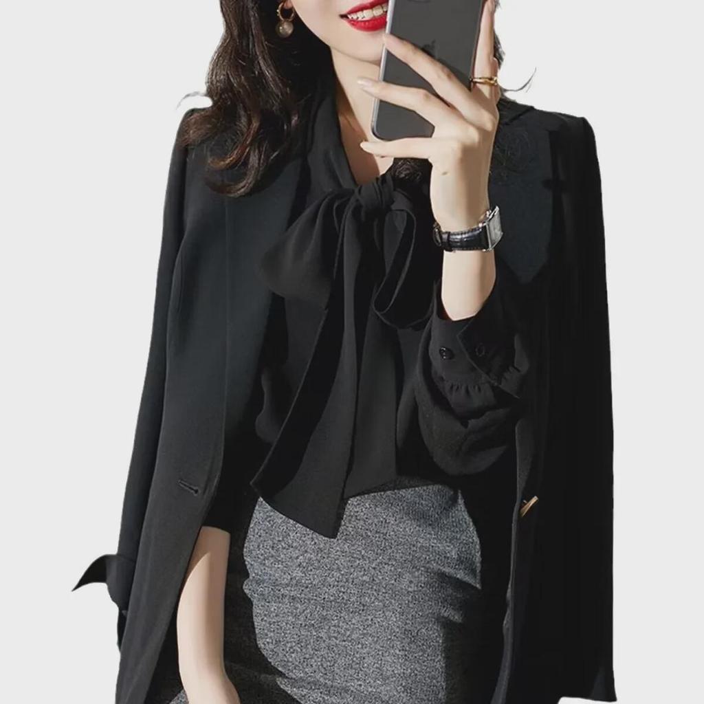 2025 Summer Korean-Style Long Sleeve Ribbon Bow Shirt for Women