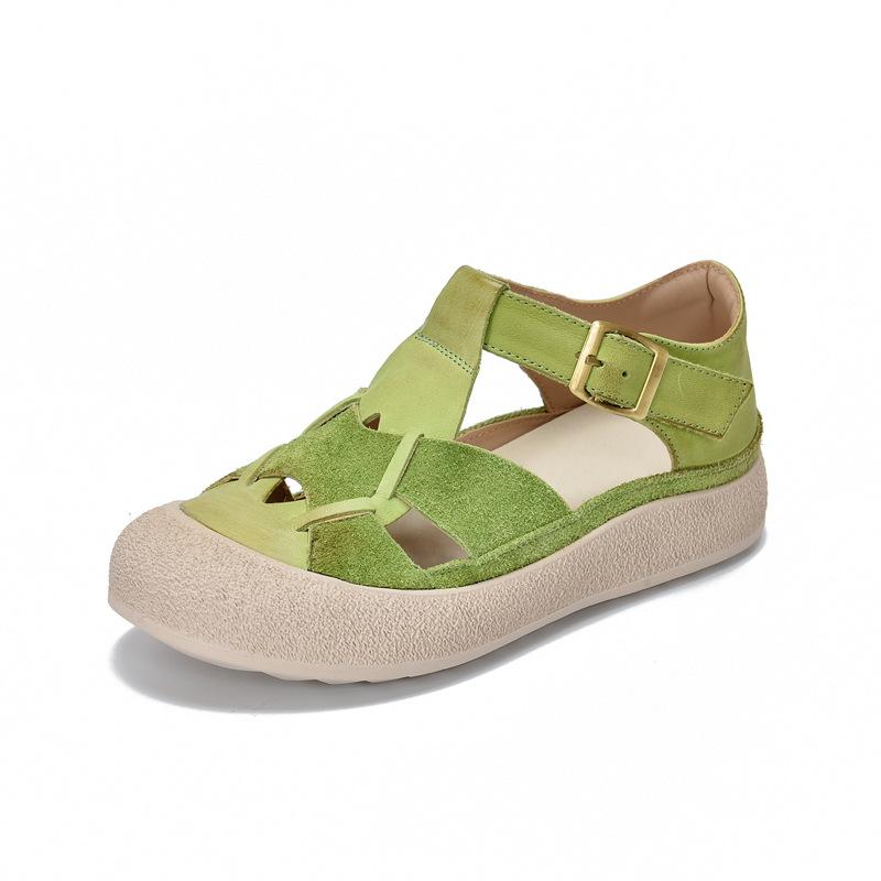 Johnature Round Toe Hollow-out Flat Sandals Genuine Leather Breathable And Comfortable Women's Shoes