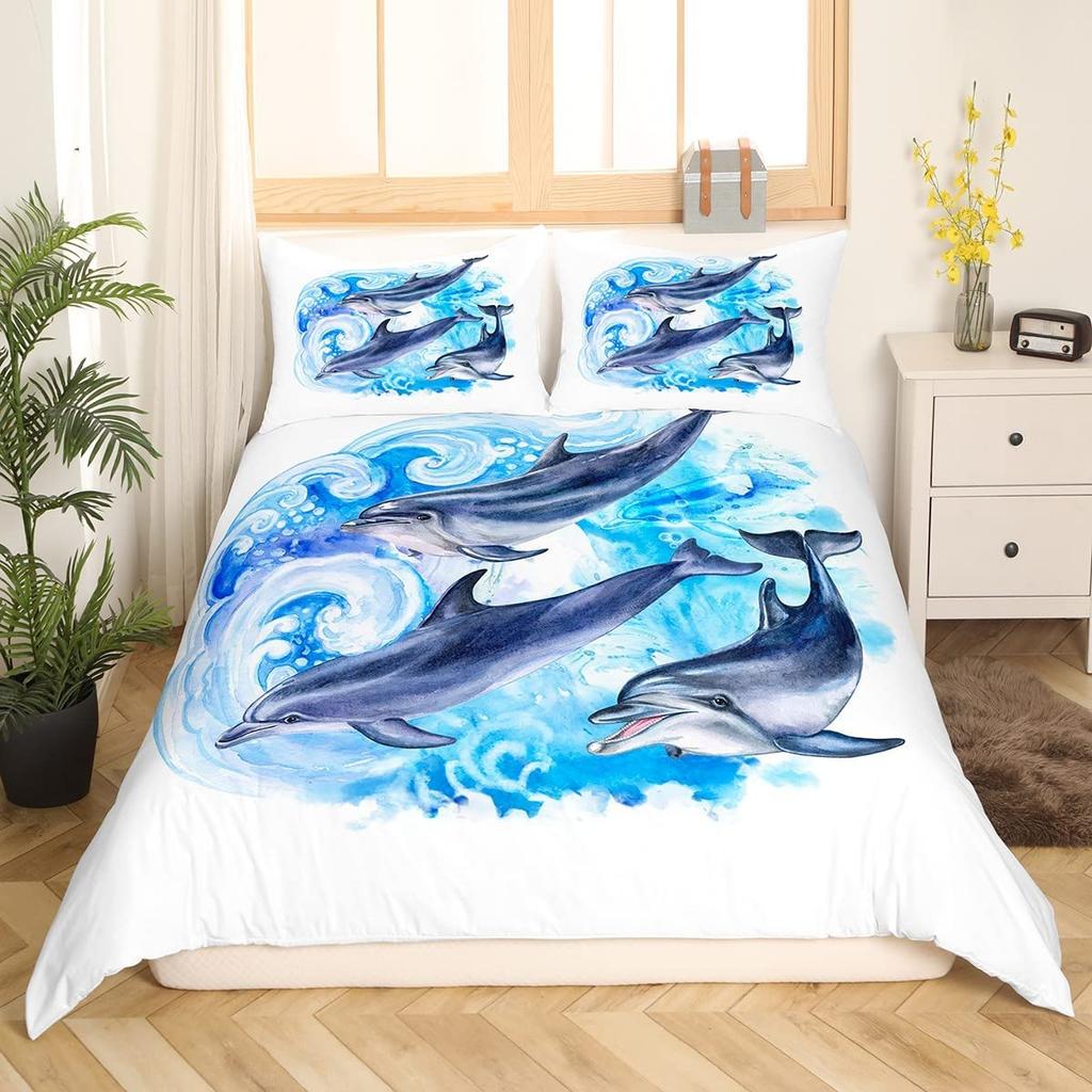 Dolphin Duvet Cover Set Cute Kawaii Wild Animals King Queen Full Size Polyester Bedding Set For Boys Girls Comforter Cover