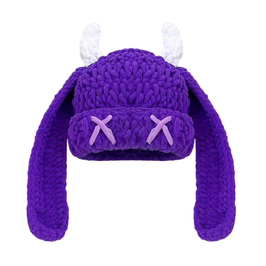 Cute And Quirky Little Devil Long-eared Knitted Hat For Women, Warm And Ear-protecting For Fall And Winter, Sweet And Cool Horned Pullover Woolen Hat