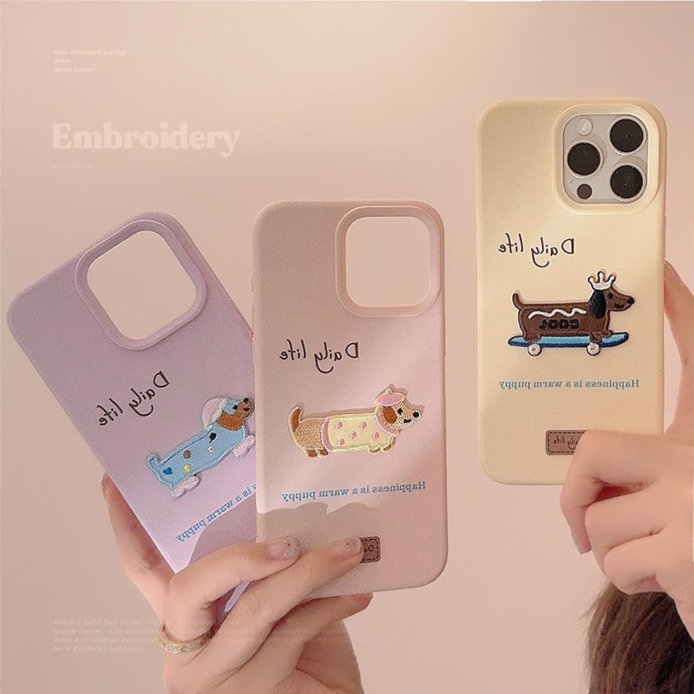 Korean Style Ins Embroidery 17pro Max Apple 16 Mobile Phone Case Iphone14 Three Dimensional Dachshund Dog Suitable for 13 Silicone