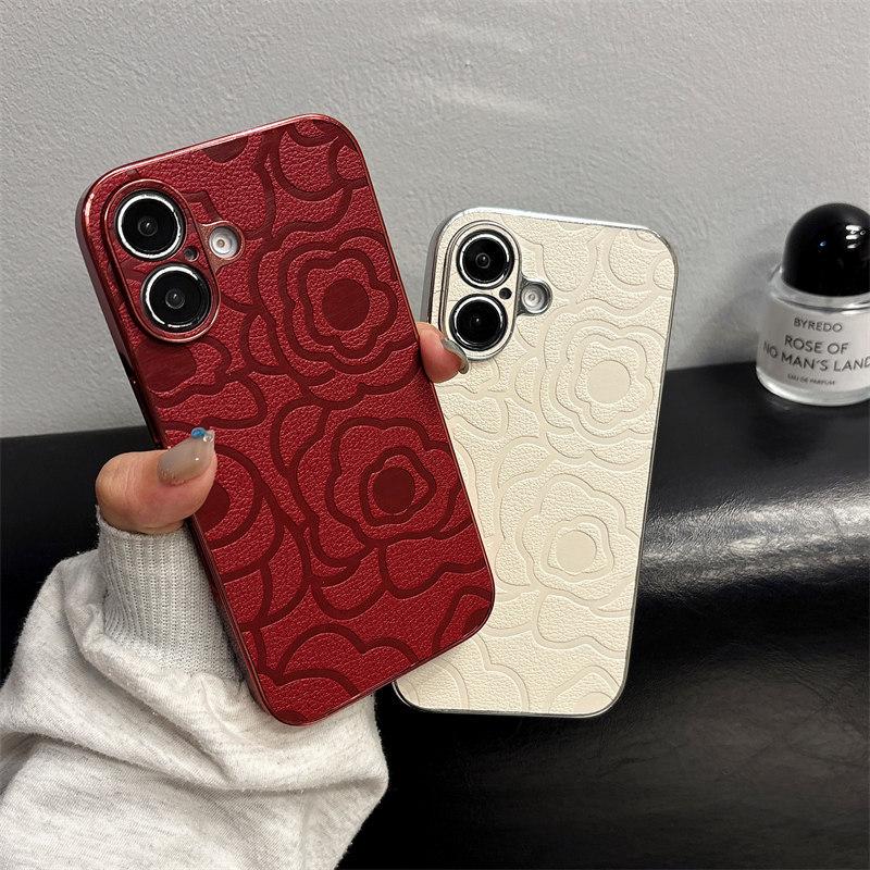 Luxury 3D Imprint Camellia Flower Leather Phone Case For iPhone 11 12 13 Pro 14 15 16 Pro Max Plus Anti Drop Protective Case