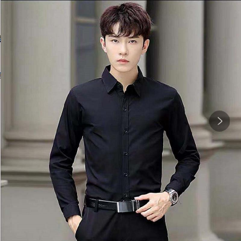 Мужская приталенная официальная черная рубашка с длинным рукавом, не требующая глажки