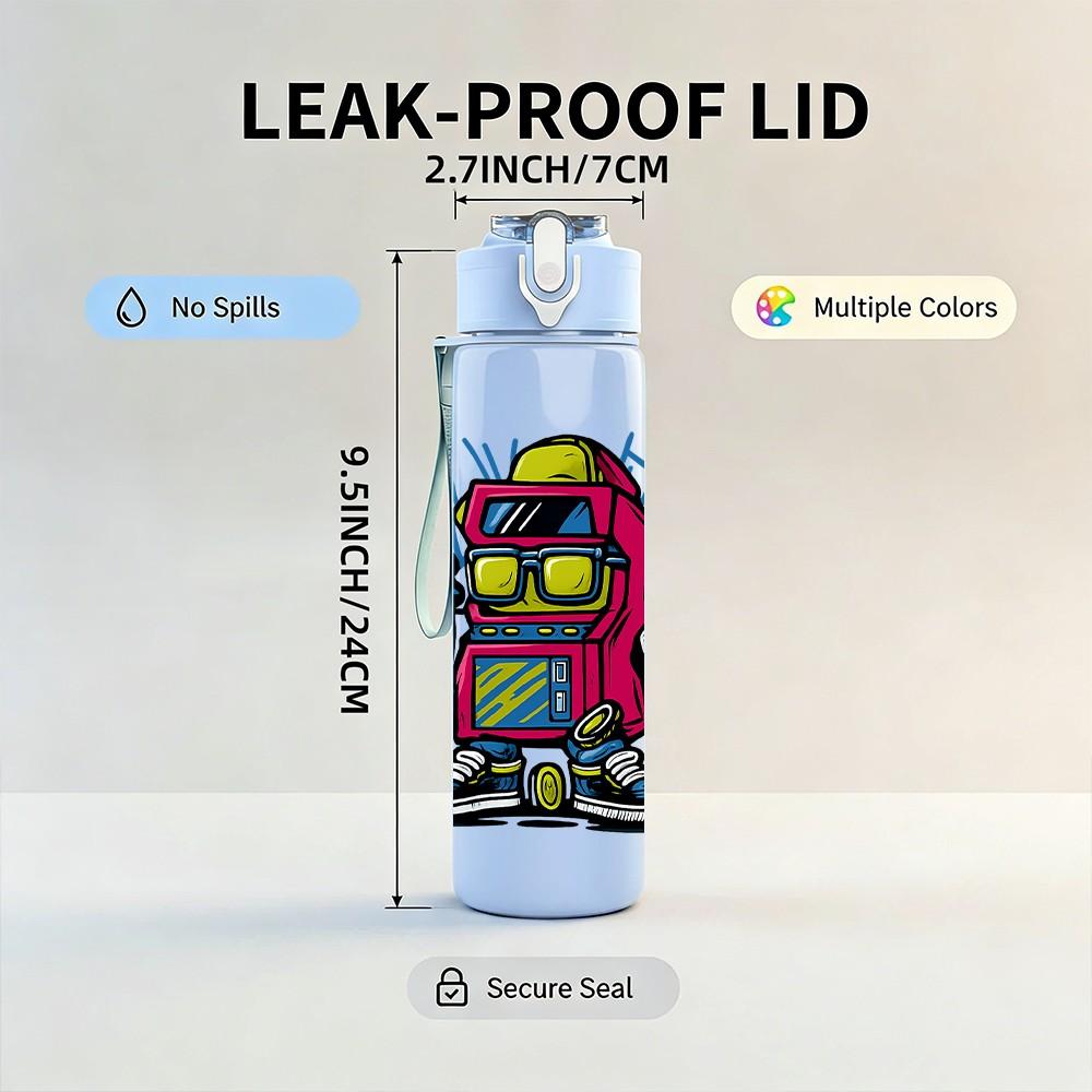 1PC Retro Robot Character 750ml Color Plastic Sports Water Bottle Leakproof Flip Straw Lid Suitable for Sports Office Home Use