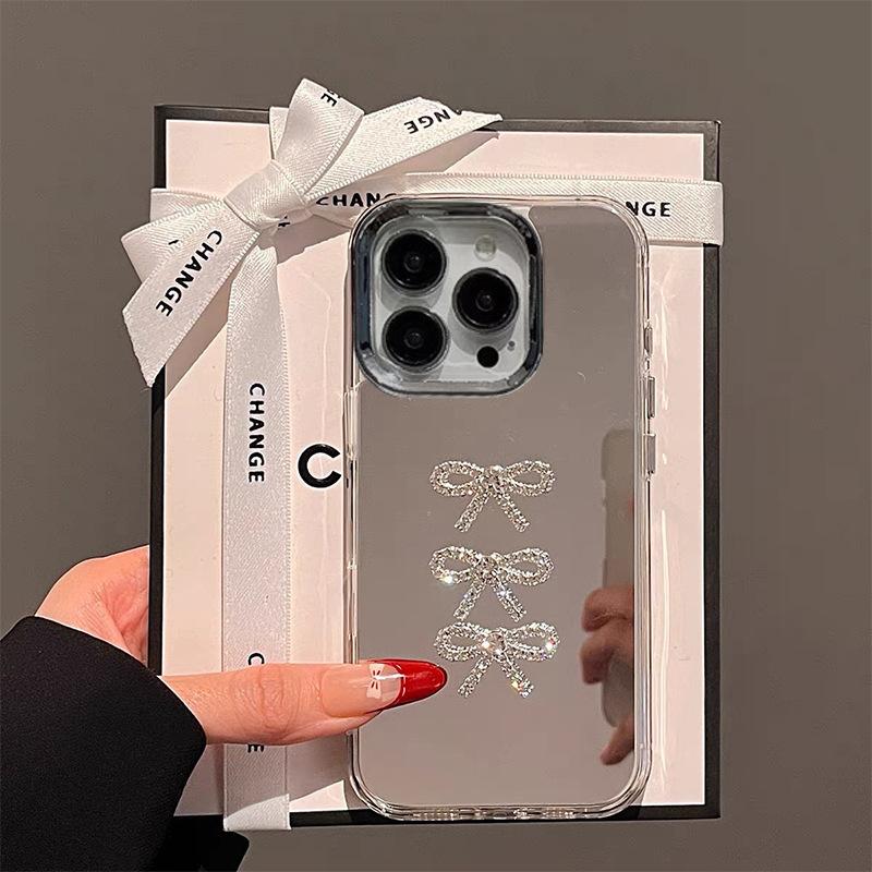 Bow Mirror Mobile Phone Case for Apple 17 Promax Mirror for IPhone 16 Hand Chain Women's 14 Fashion