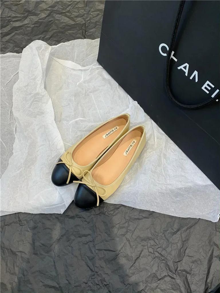 Модная женская кожаная обувь на плоской подошве, модные туфли-балетки с круглым носком и бантом, мягкие мокасины, черные с бежевым, обувь в стиле Лолита