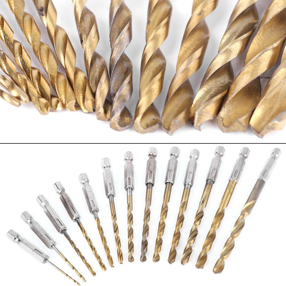 13pcs Titanium Coated Drill Bit Set High Speed Steel Titanium Coated Drill Bits Wood Drilling