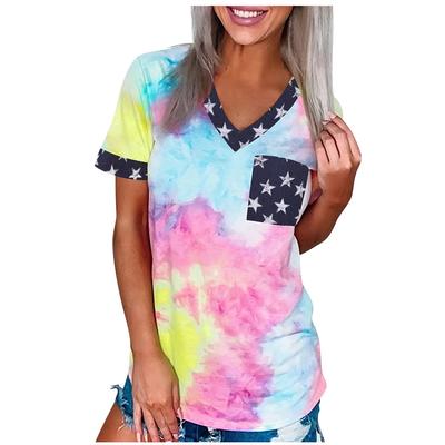 Модные весенние блузки с принтом, с коротким рукавом, с V-образным вырезом, повседневные футболки