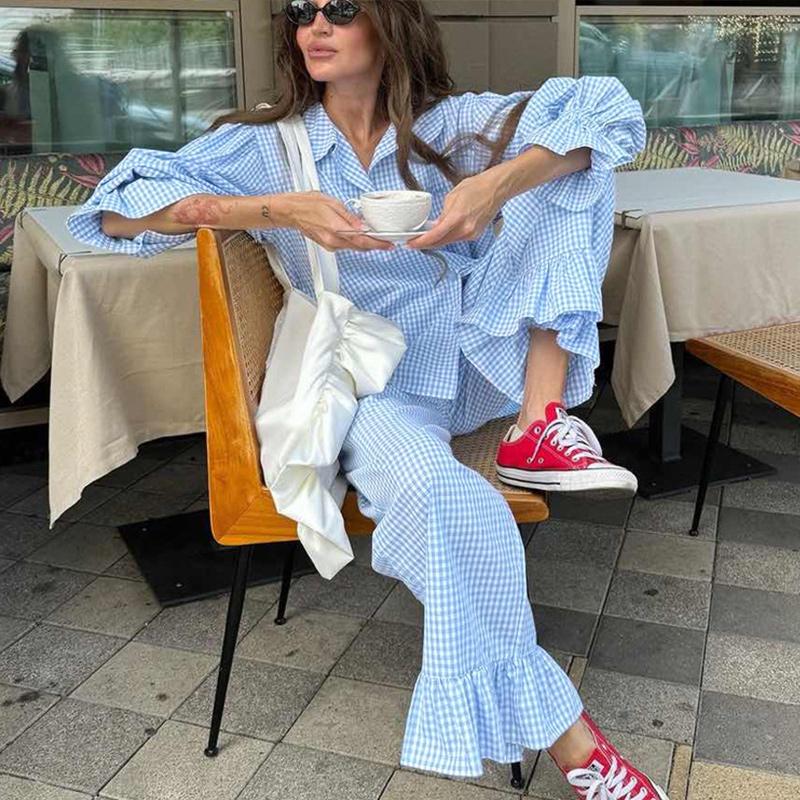 Рубашка с рисунком листьев лотоса, брюки сбоку, комплект из двух предметов, весенняя женская блузка с длинными рукавами и лацканами + свободные брюки с высокой талией, женский наряд