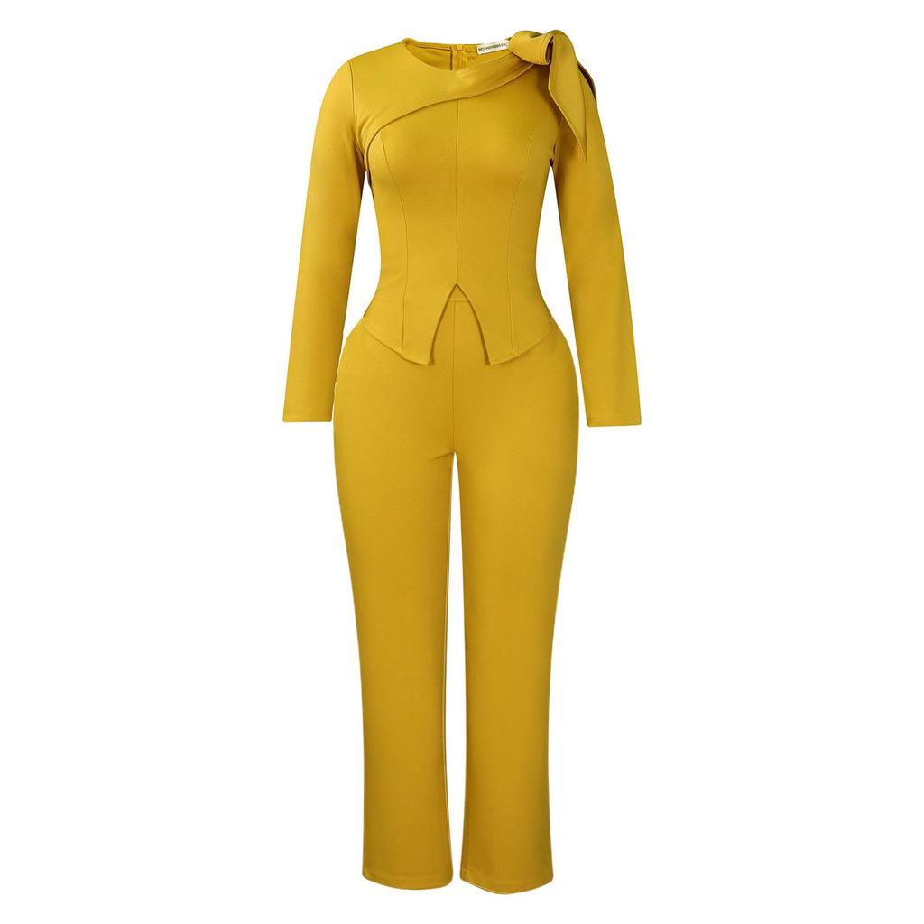 Women's European & American Winter Fashion Solid Color Long-Sleeve Tops & Pants Suit