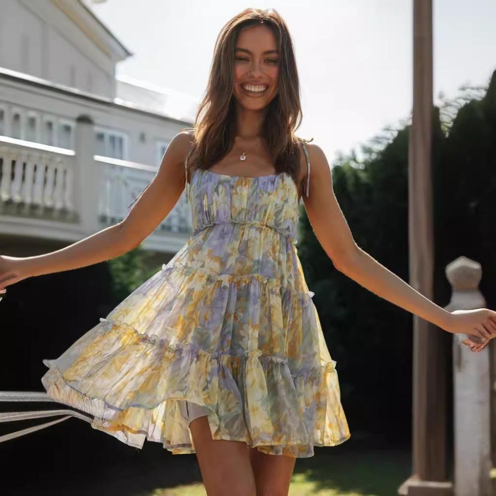 Курортный стиль, сексуальное высококачественное платье на подтяжках с принтом для женщин с подкладкой