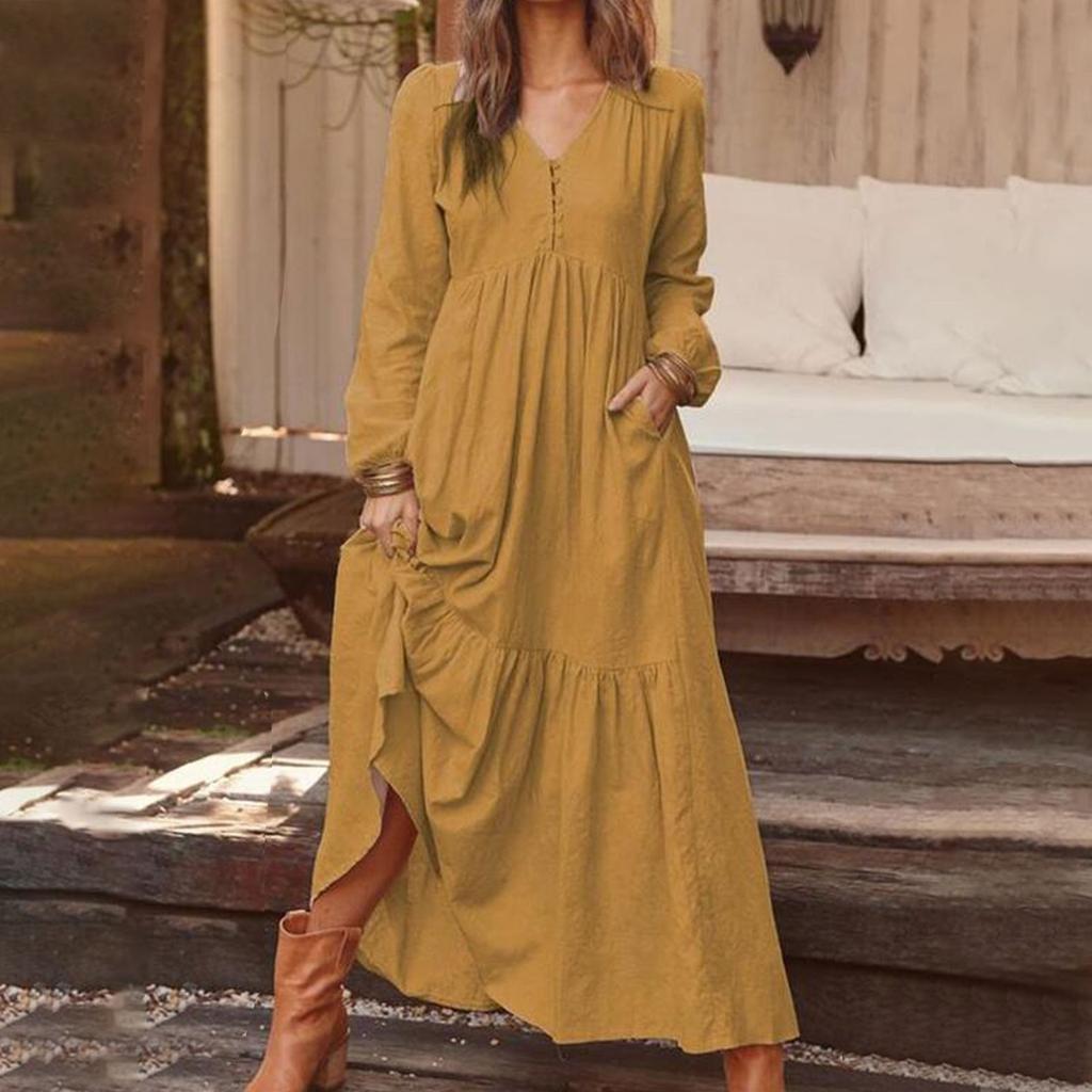 Женское повседневное платье макси с длинными рукавами, свободное многослойное платье с V-образным вырезом на пуговицах и высокой талией