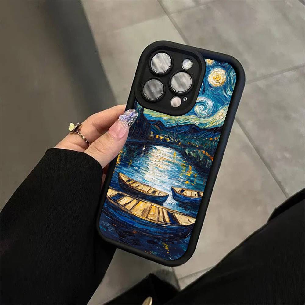 Ретро Масляная краска Ван Гога Для iPhone 17 16 15 14 13 12 11 Pro Max Plus Черный Полное покрытие Мягкий Чехол Силиконовый Чехол