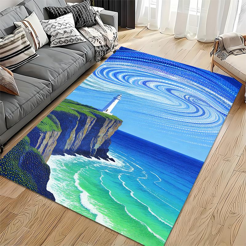 3D Ocean View Carpet with Lighthouse and Cliff Art Design Rug Suitable for use as an anti-slip for living room bedroom sofas