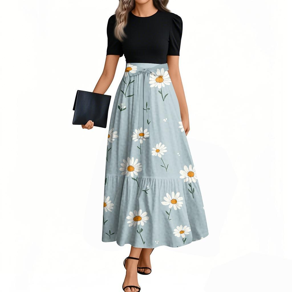 Женское модное повседневное платье с коротким рукавом и круглым вырезом с цветочной вышивкой, элегантное, темпераментное