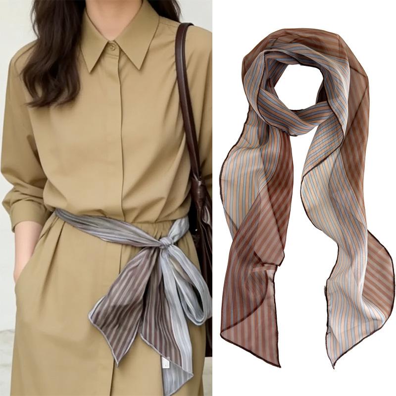 Women Silk Scarf Vintage Elegant Striped Double Sided Print Neck Wrap for Professional Occasions