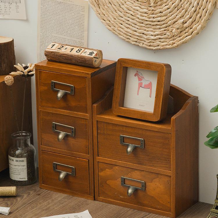 Retro Wooden Multi-Layer Desktop Organizer Box for Jewelry, Tape, and Accessories