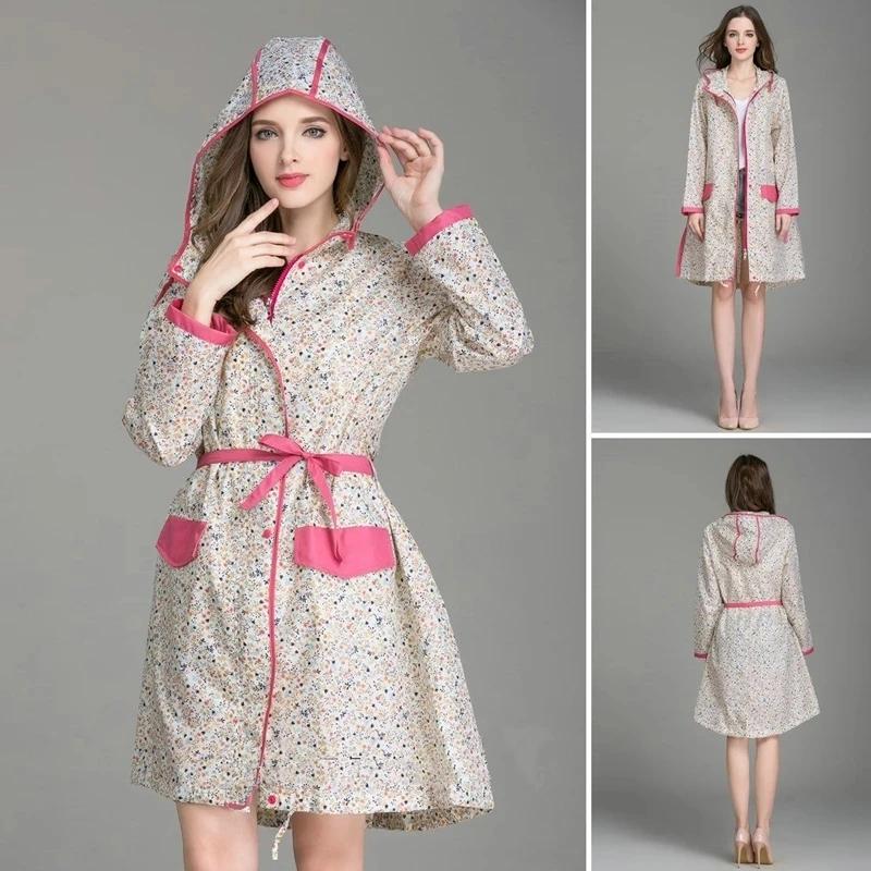 Fashion Women Floral Waterproof Raincoat With Belt Light Breathable Ladies Rainwear Adults Outdoor Bike Rain Jacket