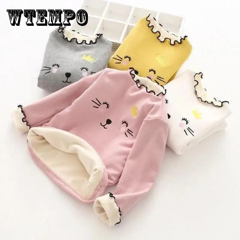 Girls Plus Fleece Sweater Bottoming Shirt Autumn and Winter Round Neck Cute All-match Warm Shirt