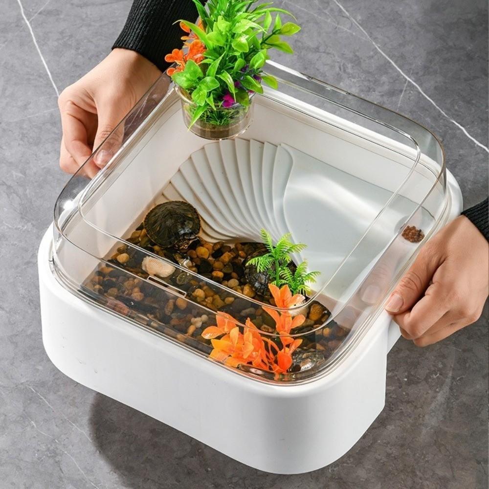 Прозрачный аквариум для черепах большой емкости с платформой для загорания, предотвращающий побег, пластиковый аквариум для черепах, полностью прозрачный ящик для разведения