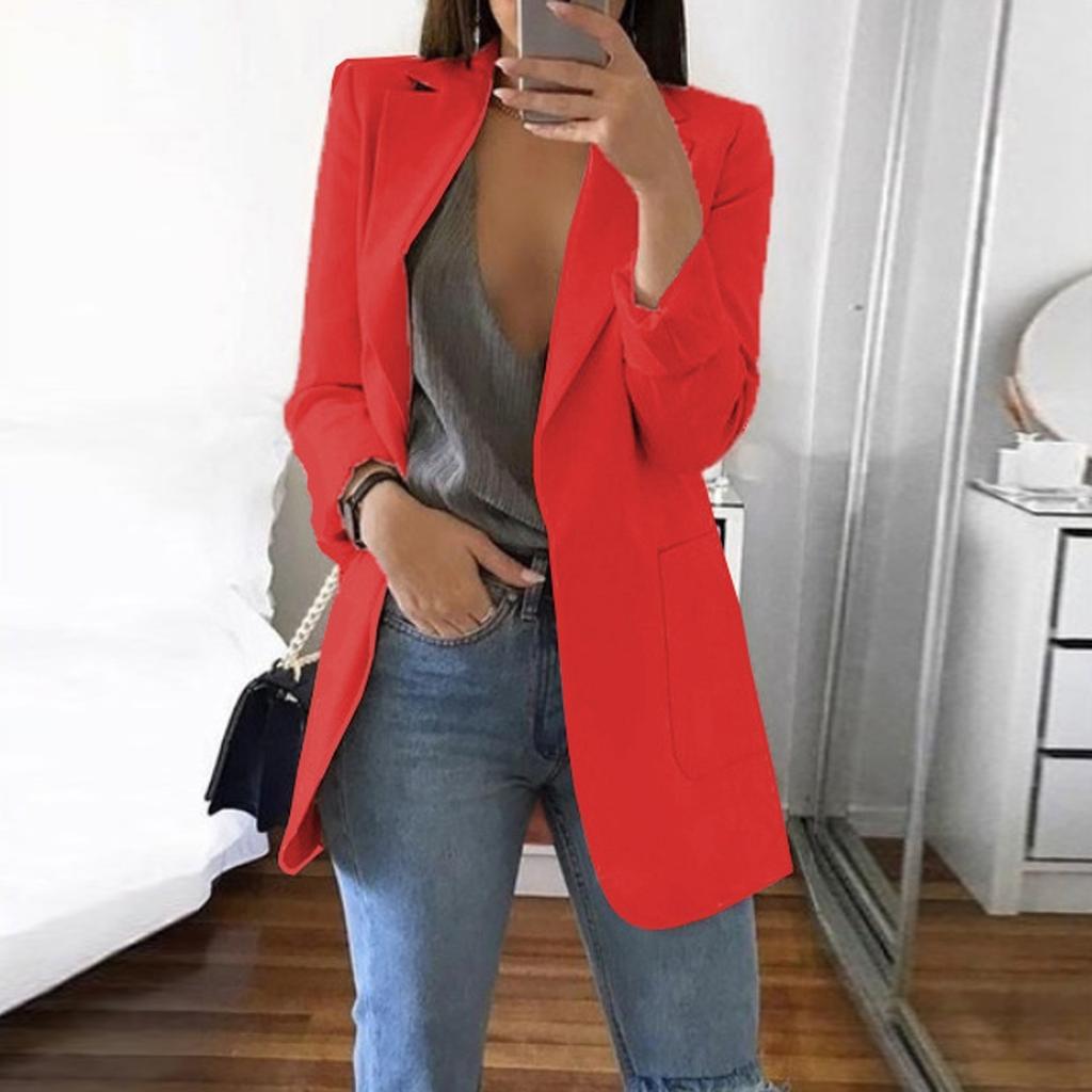 Women Solid Open Front Pockets Cardigan Formal Suit Long Sleeve Blouse Coat
