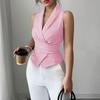 Women European Style Striped Sleeveless V Neck Lace Up Waist Slimming Shirt