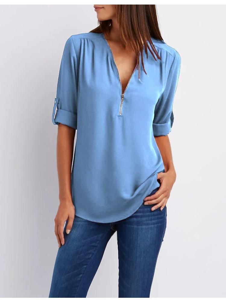 2025 Женская крутая свободная рубашка с глубоким V-образным вырезом, шифоновая модная блузка, повседневные женские топы, сексуальный пуловер на молнии, большие размеры