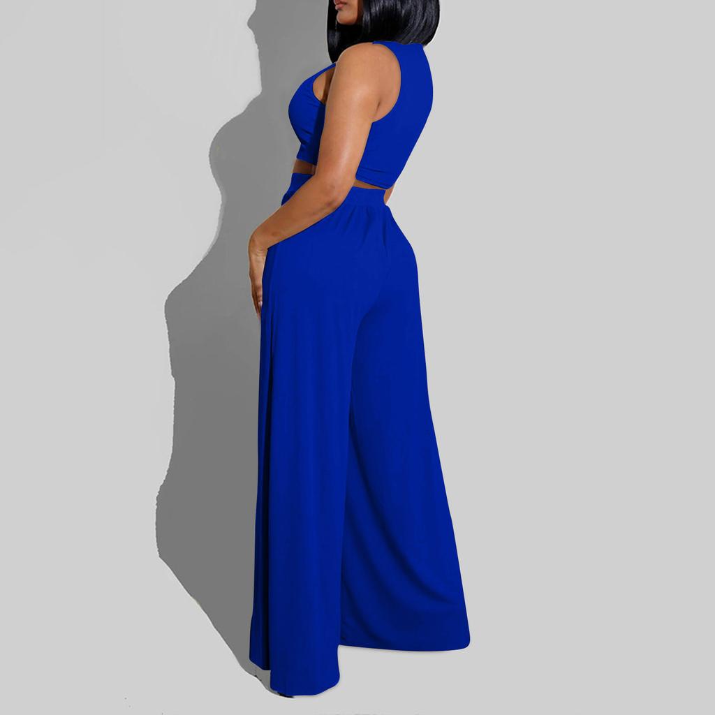 Women 2 Piece Outfits Spring Summer Tracksuits Mock Neck Sleeveless Cutout Crop Top Wide Leg Long Pants Sweatsuits