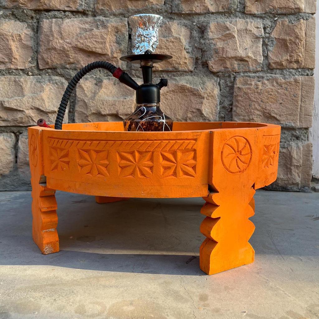 Hand-Carved Wooden Chakki | Stool for Home Decor | Round Wooden Table for Pooja & Display | Indian Traditional Carved Planter Stand Decor