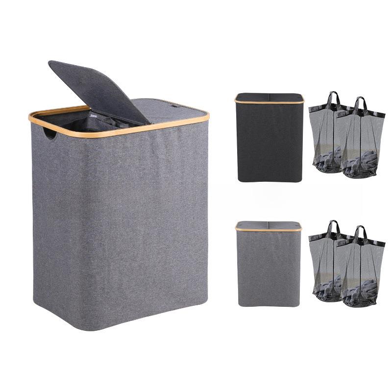 Foldable Bamboo Laundry Basket with Dual Mesh Bags and Large Capacity