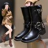 Fashion New Spring and Autumn Women's Leather Retro Brown Women's Boots Fashionable Belt Buckle Temperament Round Head High Barrel Boots