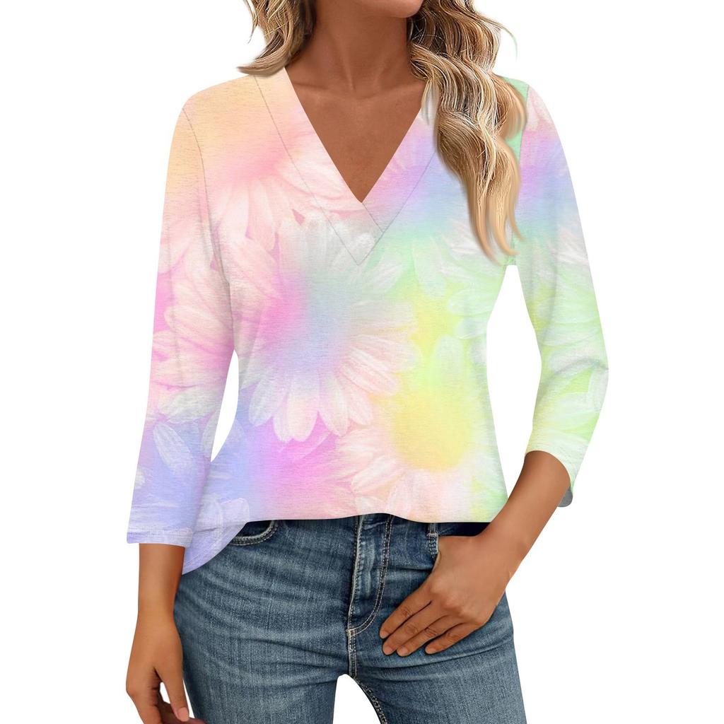 Женские рубашки с рукавом 3/4, топы с принтом и V-образным вырезом, повседневные топы, базовые футболки, блузки, свободные топы