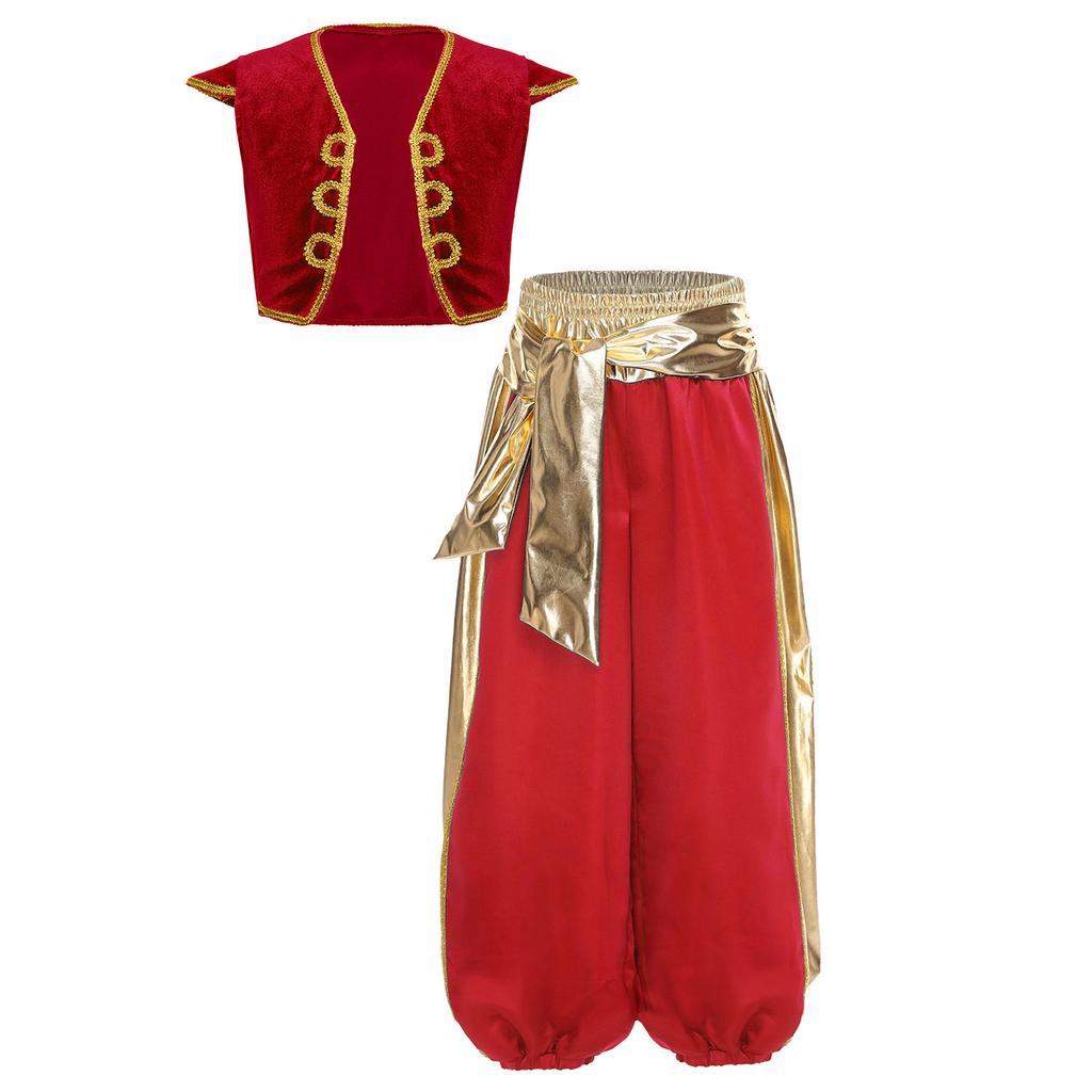 Boys Arabian Prince Costume Set Cap Sleeve Braided Vest Metallic Shiny Patchwork Contrast Color Bloom Pants