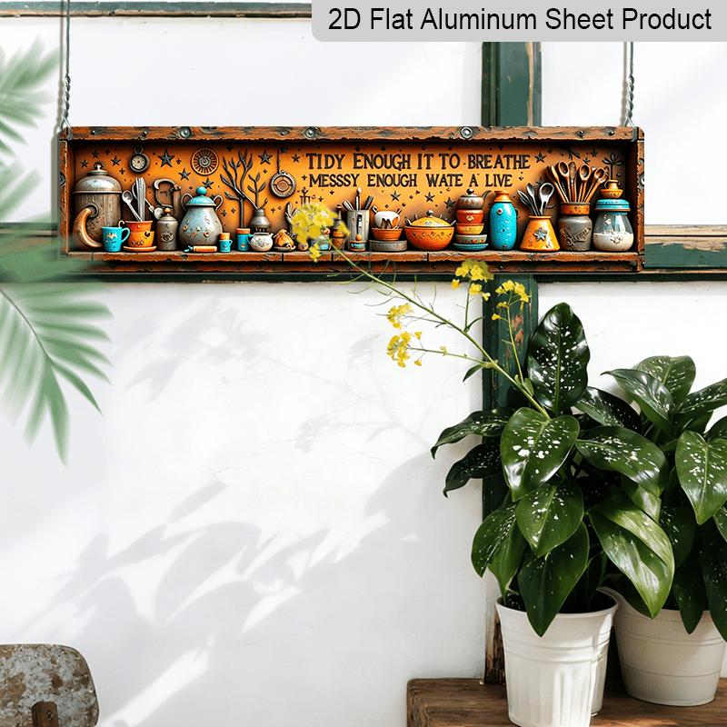 2D Flat, Rustic Wall-Mounted Shelf Aluminum Decorative Sign with Vintage Kitchen Utensils & Motivational Quote - Pans Display Suitable for Kitchens