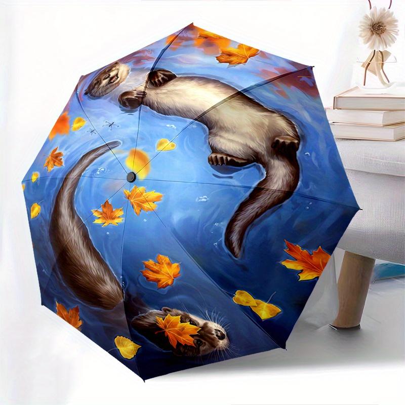 Otter, Autumn Leaves Theme 8 Bone Hand Automatic Folding Umbrella, Compact and Portable Design, A Perfect Gift for Birthday, Christmas or Bu
