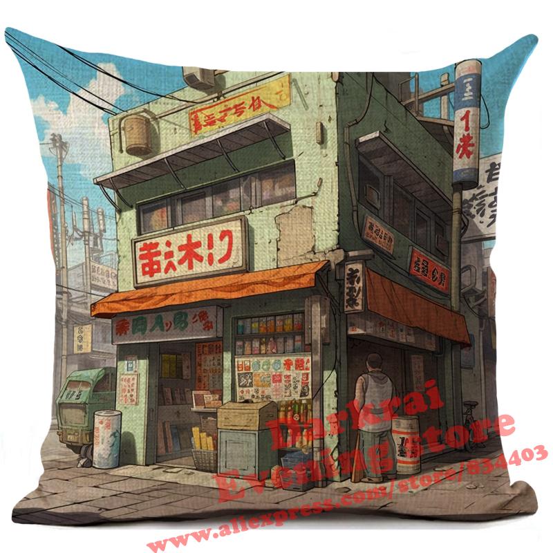 Cartoon Street Corner Linen Cushion Cover Japan Architecture Style Home Decoration Living Room Sofa Throw Pillows Case 45X45Cm