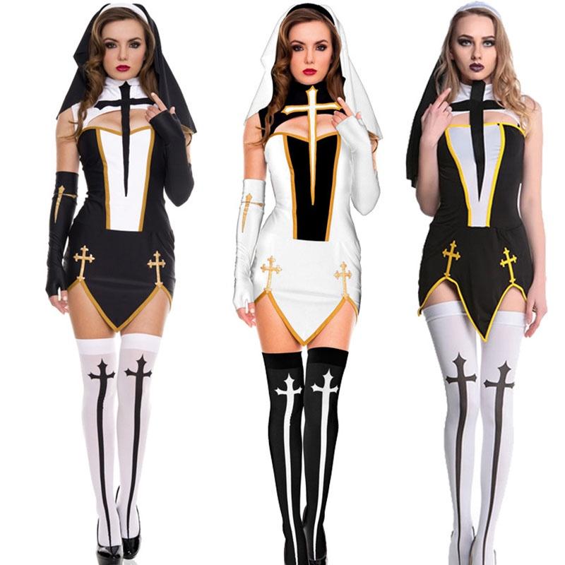 Premium Quality Adult Women Sexy Naughty Nun Priest Sister Costume For Halloween Parties