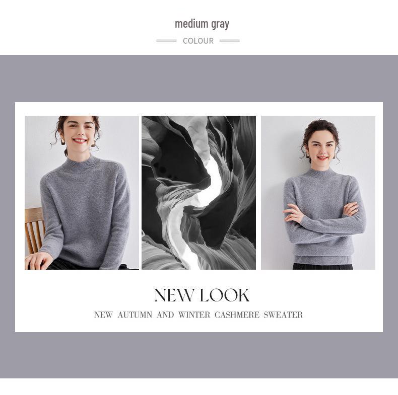 2024 Women’s Solid Color Cashmere Sweater: Half High Neck, Saddle Shoulder, Flat Knit Base Layer