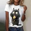 Funny Cat Print Women T-Shirts Top Pullover Loose Tee Shirt Short Sleeved Street O-Neck Polyester Female Casual Clothing Summer