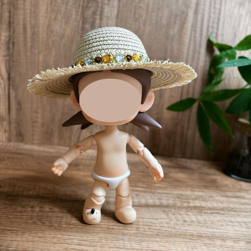 [Cloth Only] 20cm Doll Clothes White Cotton Dress Set with a Gemstone, Fringed Straw Hat Premium Fashion Outfits