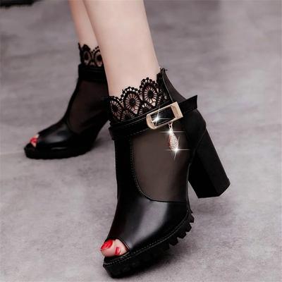 Модные женские сандалии с сеткой и кружевом на высоком квадратном каблуке 8 см. Летние туфли. Женские туфли-лодочки. Сексуальные сандалии-гладиаторы с открытым носком и цветочным узором.