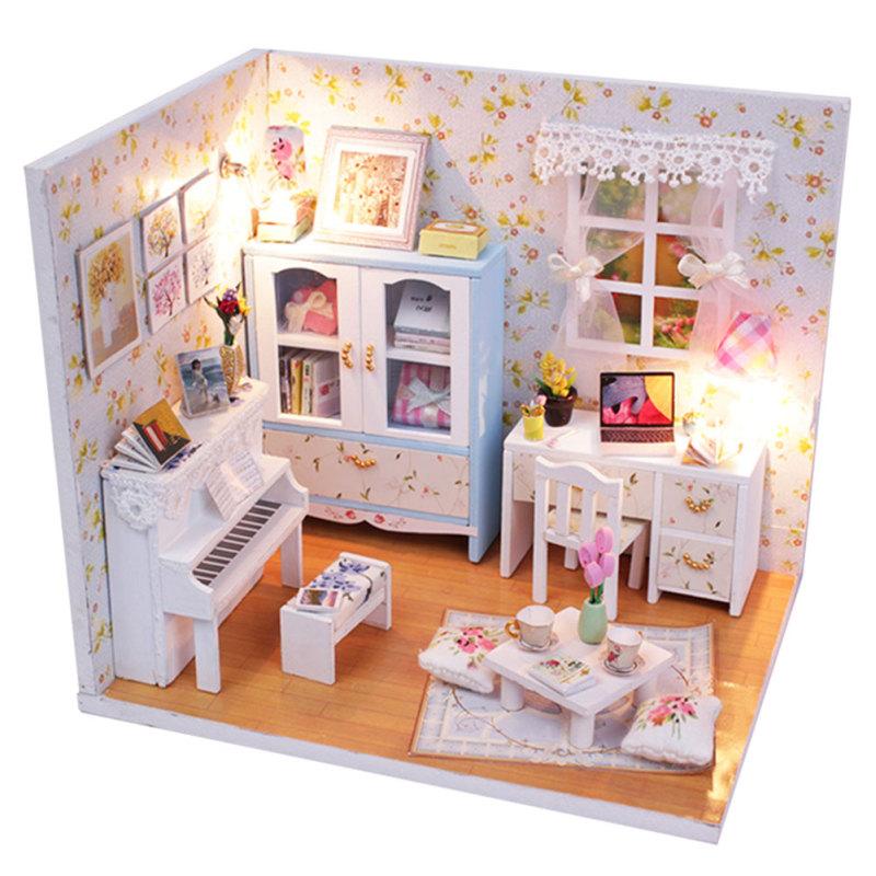 Dollhouse Miniature DIY House Kit Wood Cute Room with LED Furniture and Cover Girl Gift Toy, Summer