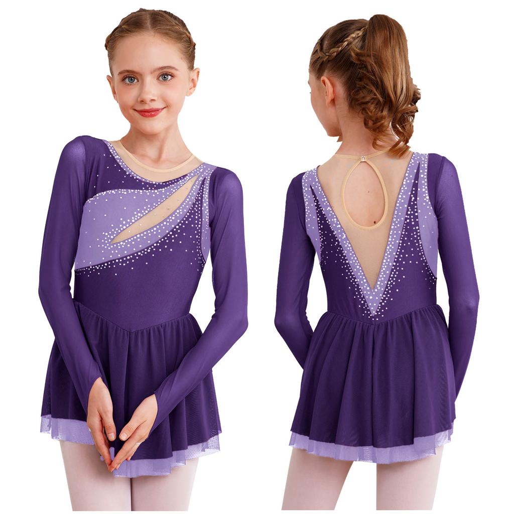 Kids Girls Sparkly Rhinestone Long Sleeve Figure Ice Skating Dress Ballet Modern Lyrical Dance Costume