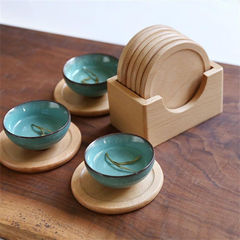 6pcs/set Walnut Wood Coasters Placemats Decorative Round Insulated Beverage Coasters Home Decor Wooden Insulation Pad