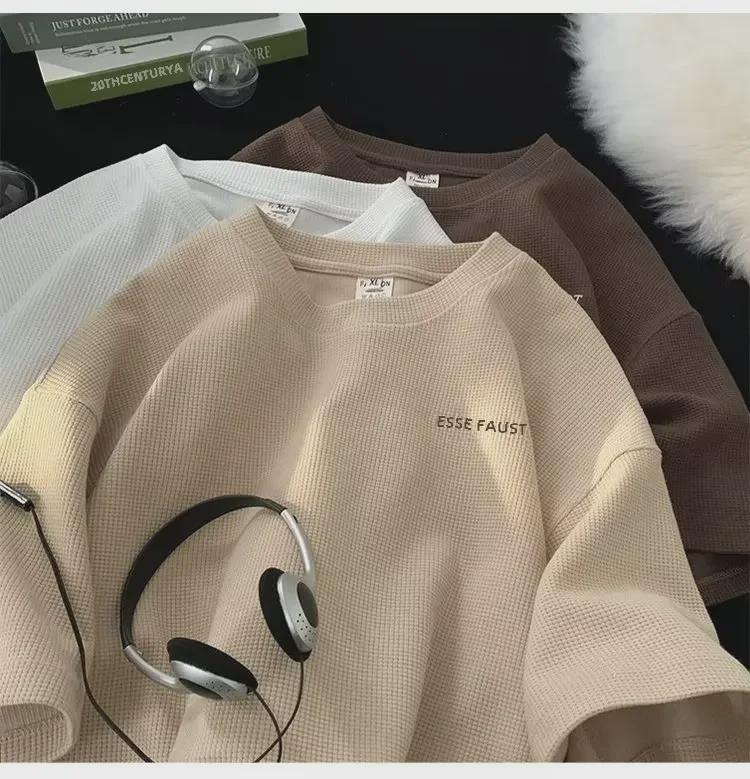 Мужская летняя вафельная футболка в японском стиле с коротким рукавом свободного покроя