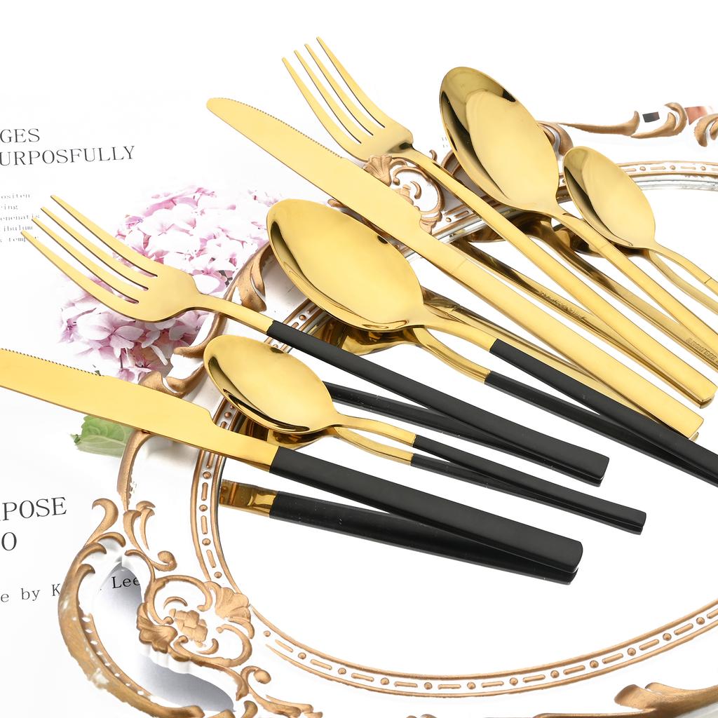 Jankng 16 шт. черные столовые приборы с золотой строчкой, набор посуды из нержавеющей стали, кухонный домашний набор столовых приборов в западном стиле, нож, вилка, ложки, набор посуды